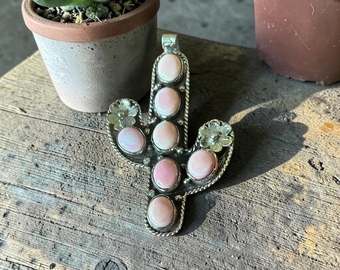 Pink Conch She’ll and Brass Cactus Pendant