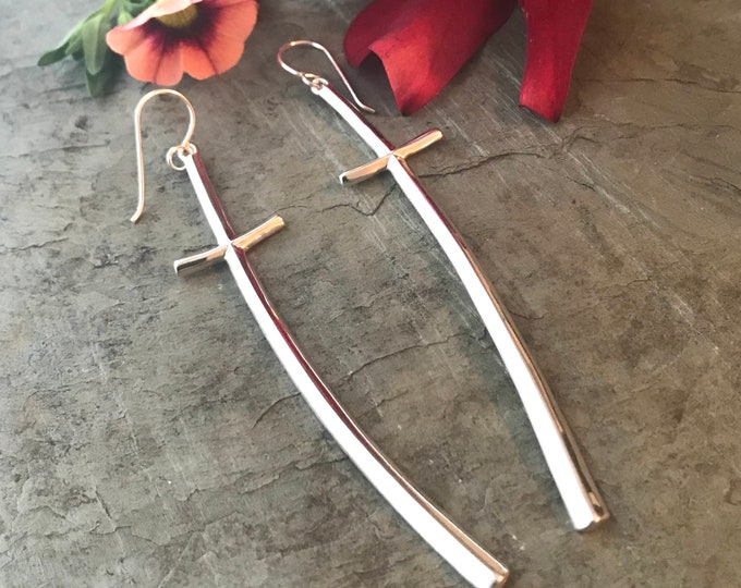 Sterling Silver Large Long Cross Earrings