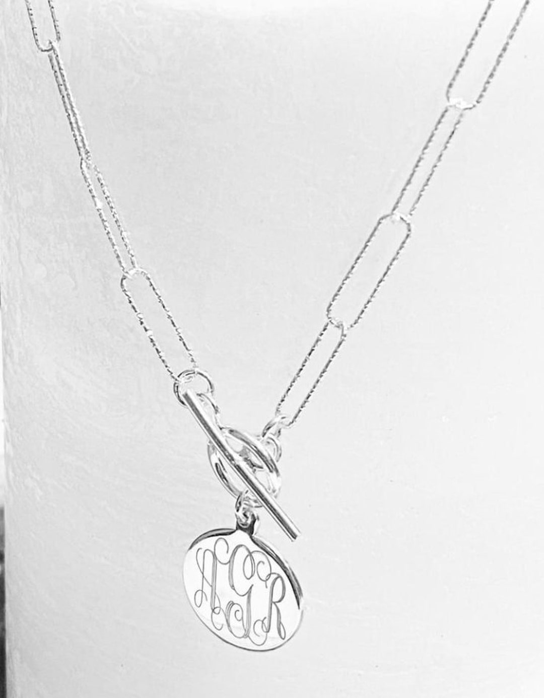 Sterling Silver Diamond Cut Paper Clip Necklace With Monogram Pendant