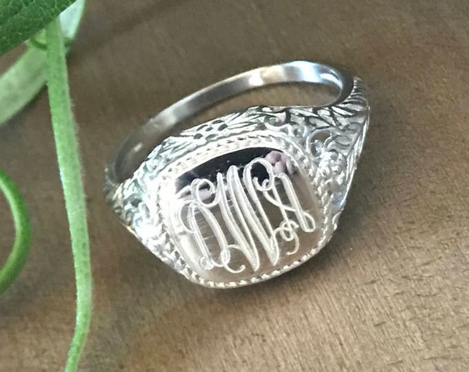 Sterling Silver Monogrammed Ring Square -Vintage Style