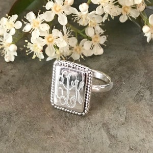 Sterling Silver Monogrammed Ring Rectangle With Rope Edge