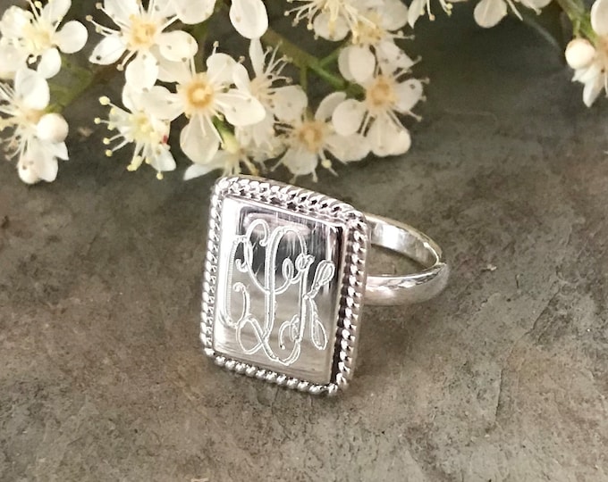 Sterling Silver Monogrammed Ring Rectangle With Rope Edge