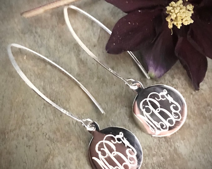 Sterling Silver Long Round Monogrammed Earrings