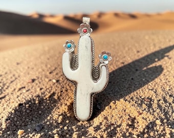 Turquoise Coral Bone and Brass Cactus Pendant