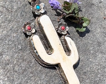 Bone and Brass Cactus Pendant Adorned with Turquoise and Coral Flowers