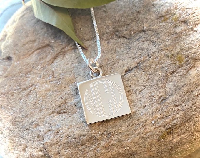 Monogrammed Sterling Silver Square or Round Pendant Necklace