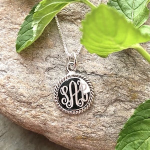 Monogrammed Sterling Silver Necklace with 16MM Round Rope Accented Pendant and Chain