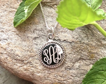 Monogrammed Sterling Silver Necklace with 16MM Round Rope Accented Pendant and Chain