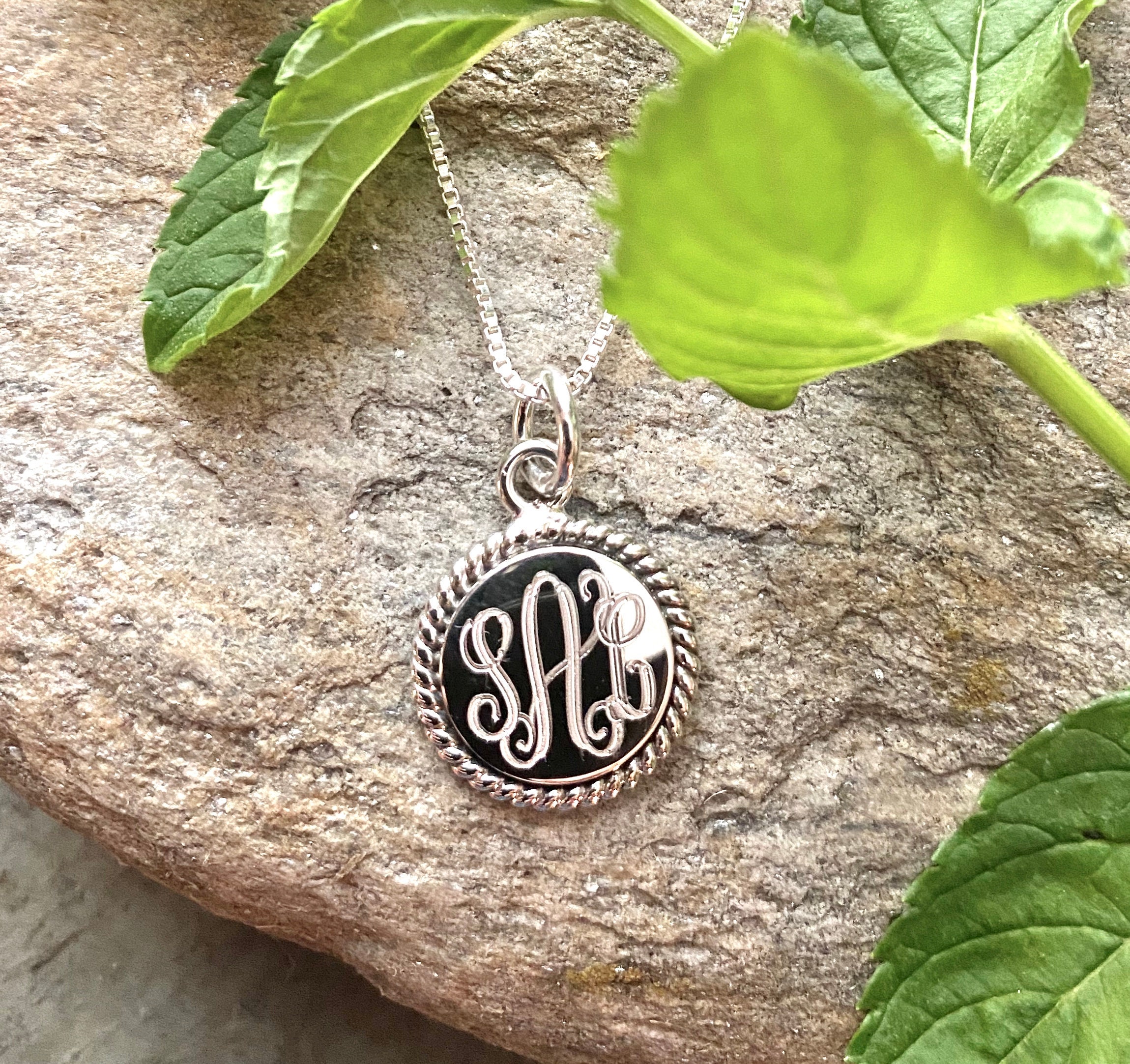 Monogrammed Sterling Silver Necklace with 16MM Round Rope Accented Pendant  and Chain