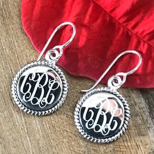 Sterling Silver Monogrammed Earrings with Rope Edge Round or Oval