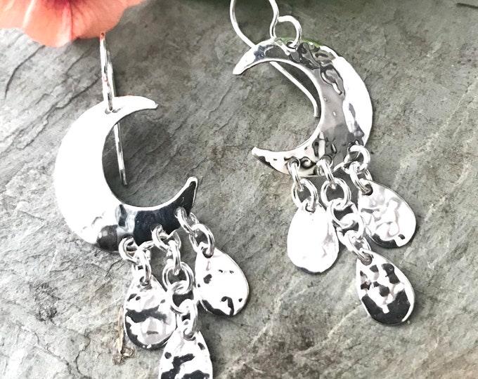 Sterling Silver Hammered Crescent Moon Teardrop Earrings