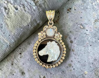 Mother of Pearl-Moonstone and Brass Horse Pendant