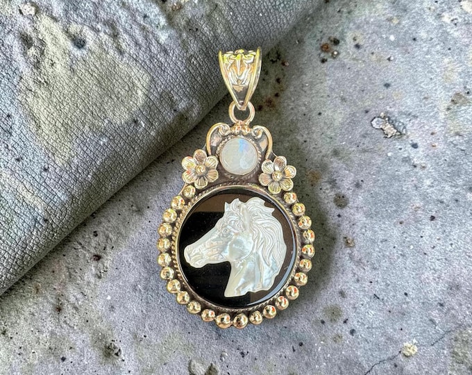 Mother of Pearl-Moonstone and Brass Horse Pendant