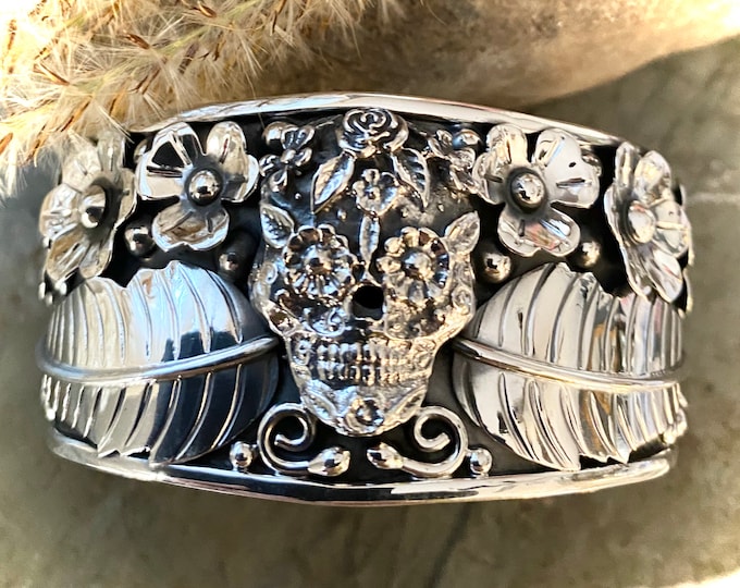 Sterling Silver Southwestern Style Sugar Skull Cuff Bracelet