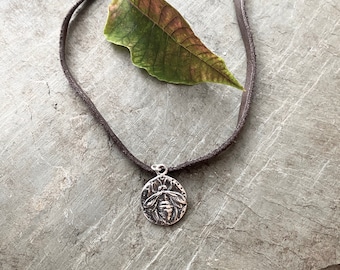 Sterling Silver Bee Pendant with Leather Necklace