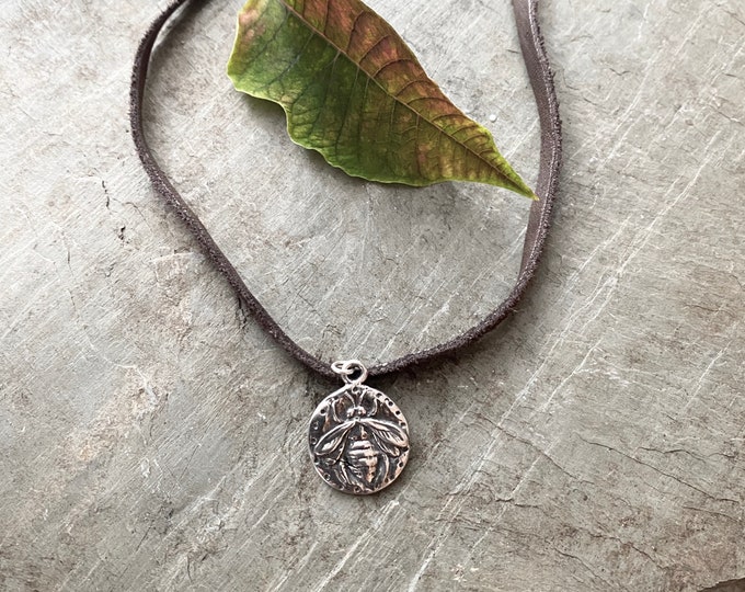 Sterling Silver Bee Pendant with Leather Necklace