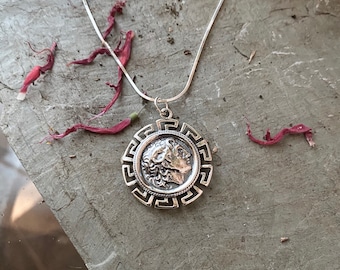 Sterling Silver Coin with Greek Key accent Necklace