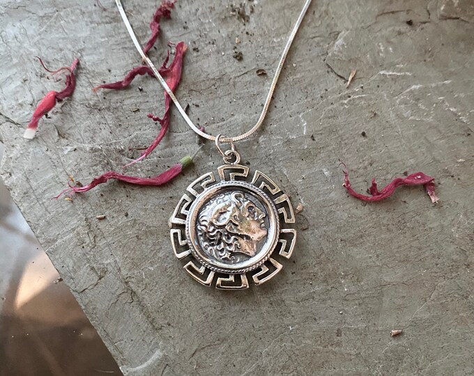 Sterling Silver Coin with Greek Key accent Necklace