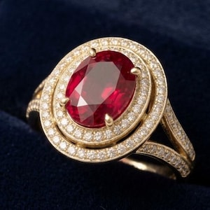 Anello di fidanzamento con rubino ovale e alone in oro, anello con rubino sintetico, anello con accenti di diamanti, anello con rubino a gambo diviso, anello in oro unico, gioielli vintage con rubino