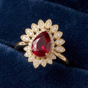 Pode incluir: Um anel de ouro com uma pedra preciosa vermelha central em forma de pera, rodeada por um halo de pequenos diamantes redondos e transparentes em pavé, dispostos num padrão de pétalas. O aro é feito de ouro amarelo polido e brilhante.