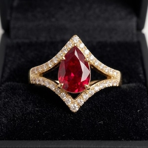 Lab Created Ruby Pear Cut Solitaire Split Shank Ring, Sterling Silver or Gold, Made to Order Anniversary Gift for Her