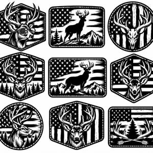 May include: A collection of nine black and white stickers featuring deer, antlers, and American flag motifs. The designs include deer heads, full-body silhouettes, a deer skull, and crossed arrows, all set against backgrounds of stars and stripes.