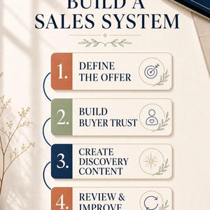 May include: A vertical infographic titled BUILD A SALES SYSTEM with four numbered steps: 1. DEFINE THE OFFER, 2. BUILD BUYER TRUST, 3. CREATE DISCOVERY CONTENT, and 4. REVIEW & IMPROVE. The bottom text reads Practical steps for Etsy, TikTok & Instagram.