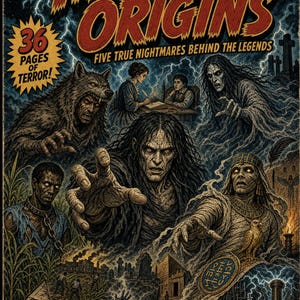 May include: A comic book cover titled Monster Origins featuring red text and illustrations of a werewolf, a ghost, a mummy, and a central figure with long dark hair. The background shows a stormy sky, a graveyard, and an open book with scenes.