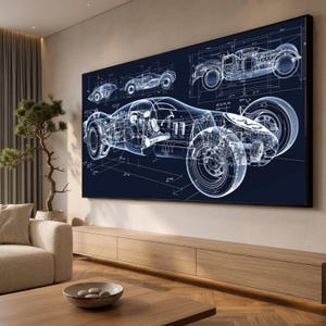 Vintage Race Car Blueprint Canvas, Automotive Engineering Art, Classic Car Illustration, Mechanic Decor