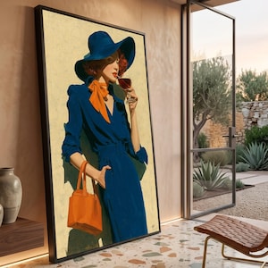 Elegante vrouw in blauwe jurk op canvas, modieus portret als wanddecoratie, retrostijl, verfijnde woondecoratie, chique dame met glazen wand