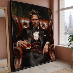 Elegant herreporträtt på canvas, väggkonst i vintagestil, klassisk herrkostym, läderfåtöljdekor, sofistikerad heminredning