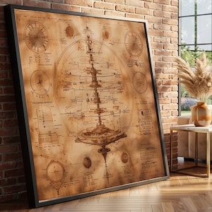 Vintage Steampunk Blueprint Canvas, Mechanical Design Wall Art, Industrial Science Decor