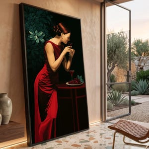 Lienzo con imagen de una mujer elegante con vestido rojo, arte mural con escena de vino sofisticada, decoración elegante para el hogar, lienzo con retrato clásico, decoración de estilo de vida de lujo.