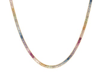 AAA Natural Rainbow Sapphire Baguette Cut Tennis Necklace, 925 Sterling Silver Gold Vermeil, Bridal Anniversary & Wedding Gift for Her