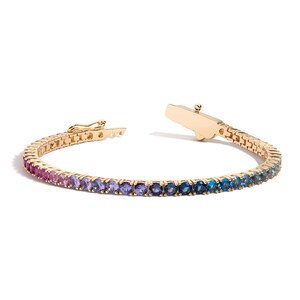 Ombre Rainbow Sapphire Tennis Bracelet 14K Gold Pink to Blue Gradient Gemstone Bracelet with Box Clasp Multicolor Prong-Set Tennis Bracelet