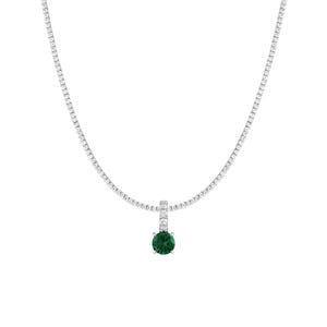 Moissanite Tennis Necklace with Natural Round Emerald Drop Pendant 925 Sterling Silver Rhodium Plated May Birthstone Wedding Gift for Her