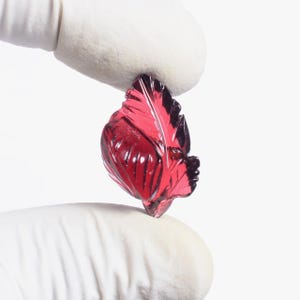 May include: A deep red, translucent gemstone carved into the shape of a leaf with intricate vein detailing. The stone exhibits a vibrant, saturated crimson hue and a polished, reflective surface, showcasing precise craftsmanship in its organic form.