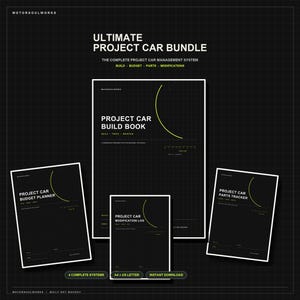 May include: A digital project car bundle featuring a black grid background with white and lime green text. The set includes a Project Car Build Book, Project Car Budget Planner, Project Car Parts Tracker, and a Project Car Modification Log document.