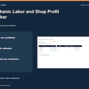 Puede incluir: Una plantilla de hoja de cálculo digital Mechanic Labor and Shop Profit Tracker. La interfaz azul oscuro muestra texto que incluye Motor Soul Works, MSW-AUTO-011, y funciones para rastrear el tiempo facturable y la rentabilidad.