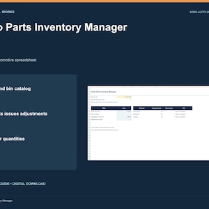 May include: A digital Auto Parts Inventory Manager spreadsheet template by Motor Soul Works, model MSW-AUTO-008. The interface features sections for parts and bin catalogs, receipts, issues, adjustments, and reorder quantities in an XLSX format.
