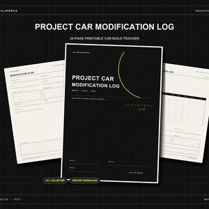 May include: A 20-page printable project car modification log tracker with a black cover featuring white text and a yellow curved line. The document includes pages for modification plans and logs, with labels for modify, setup, and test.