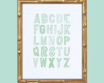 green alphabet letterpress art print