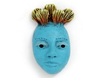 Title: "Startled Awake"  Ceramic Face, wall art, Jacquline Hurlbert, one of a kind, unique.