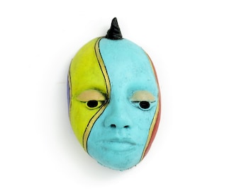 Title: "Twisted" Ceramic Face, wall art, Jacquline Hurlbert, one of a kind, unique.