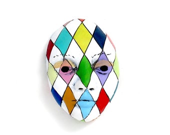 Title: "Jester Game" Ceramic Face, wall art, Jacquline Hurlbert, one of a kind, unique.