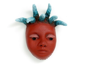 Title: "Adventurer" - Ceramic Face, wall art, Jacquline Hurlbert, one of a kind, unique.