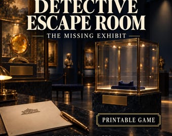 May include: A printable game titled Detective Escape Room: The Missing Exhibit. The image features a museum interior with a glass display case, a desk with a pen and paper, and text indicating 2-6 players, ages 14+, and 60-90 minutes of play.
