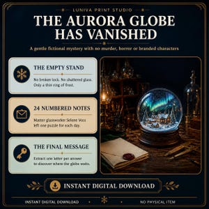 Story overview for The Snowglobe Cipher, where the Aurora Globe vanishes from a fictional winter workshop and twenty-four notes reveal what happened.