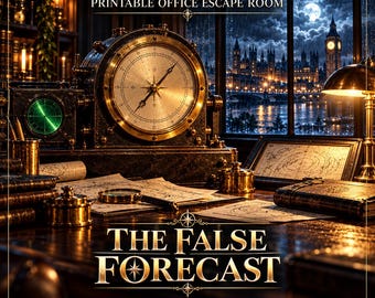 May include: A printable office escape room kit titled The False Forecast by Luniva Print Studio. The image features a large brass compass, a green radar screen, maps, and books on a desk with a view of Big Ben at night in the background.