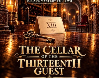 May include: A printable escape mystery game titled The Cellar of the Thirteenth Guest for two players. The image features a gold-toned key, a card with the Roman numeral XIII, and text including Luniva Print Studio on a dark wooden surface.